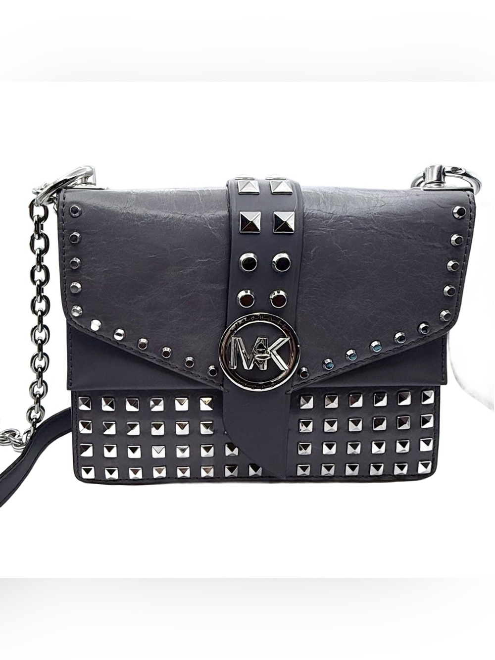 Michael Kors Grey Studded Leather Crossbody with Silver MK Accent
